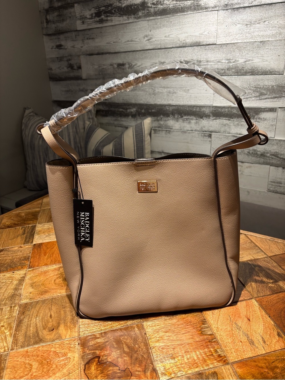 NEW Badgley Mischka New York Taupe Vegan Leather Shoulder Tote Bag